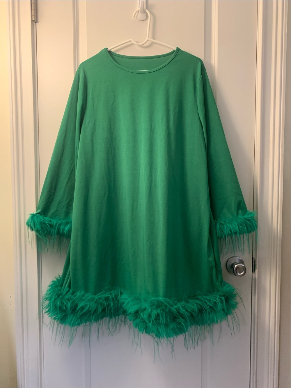 Green Faux-Fur Trim Shift Dress